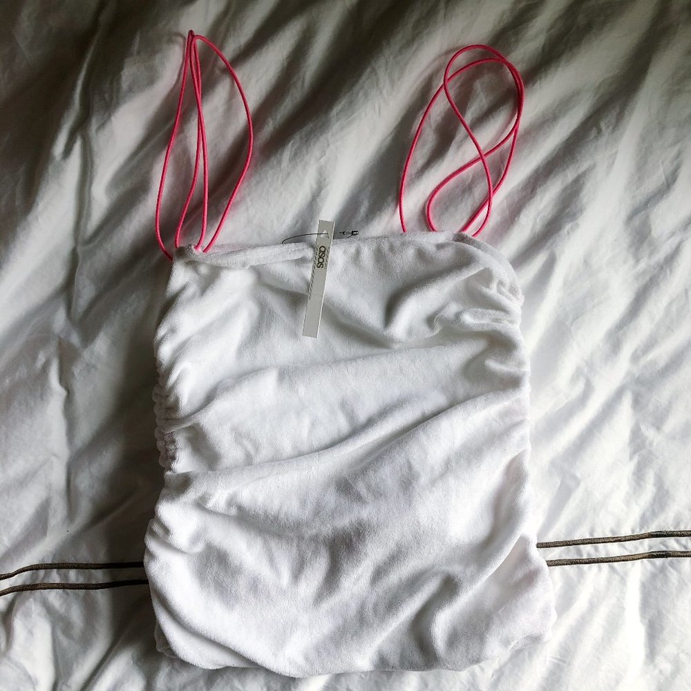 ASOS white and pink ruched terry cloth body con dr